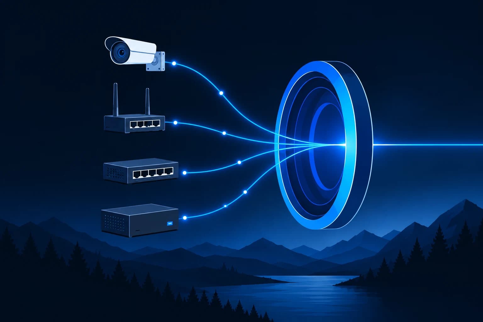 Illustrated IP camera, router, Ethernet switch and gateway connected through one blue optical ring.